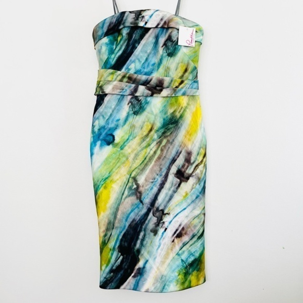 [Pamella Roland] Abstract Watercolor Print Structured Bodice Strapless Dress